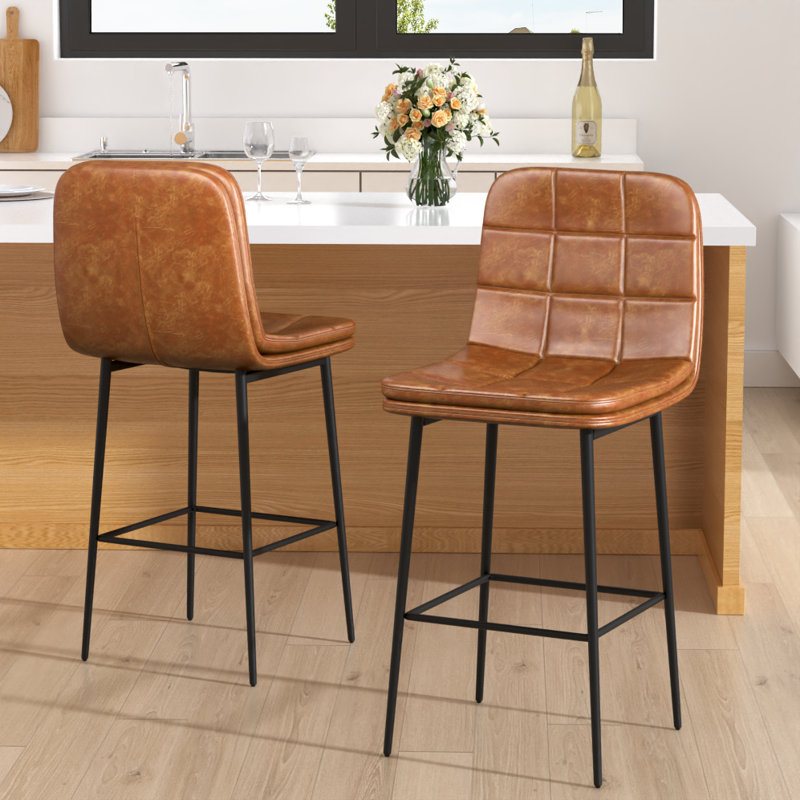 Upholstered Low Back 27.5" PU Leather Bar & Counter Stool With Metal Frame And Footrest, Modern Armless Bar Stools For Kitchen Island