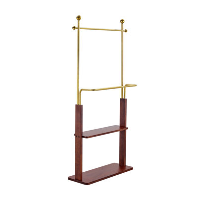 Portemanteau en acier inoxydable doré, portemanteaux en bois de couleur noyer double, hauteur de 68,9 pouces