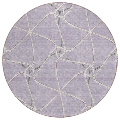 8' Lavender And Ivory Round Geometric Washable Indoor Outdoor Area Rug