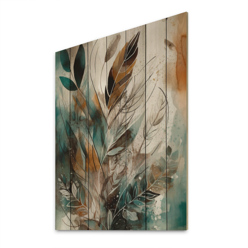«Green and Brown Visions In Boho I», reproduction d'art murale en bois Boho Feather, H 40 po x l 30 po x P 0,78 po