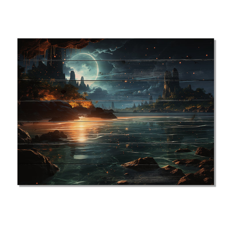 Mystic Tropical Beach Moonlight IV - plage sur bois, H 30 po x l 40 po x P 0,78 po