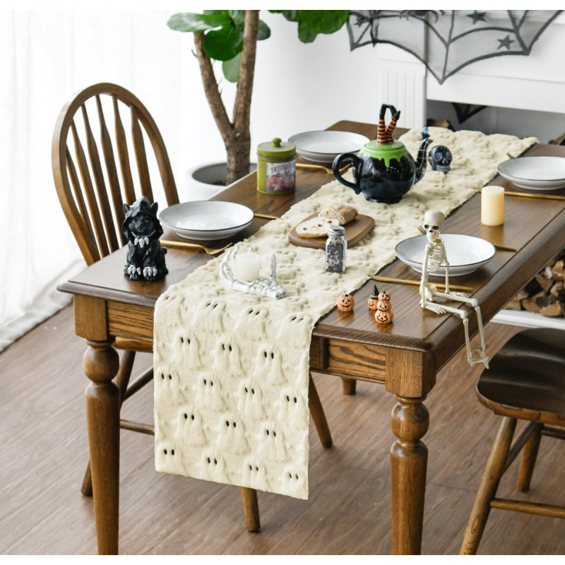 Soft Faux Fur Beige Ghost Halloween Table Runner 33x153 cm | Seasonal Plush Fall Kitchen Dining Table Decoration for Home Party Decor
