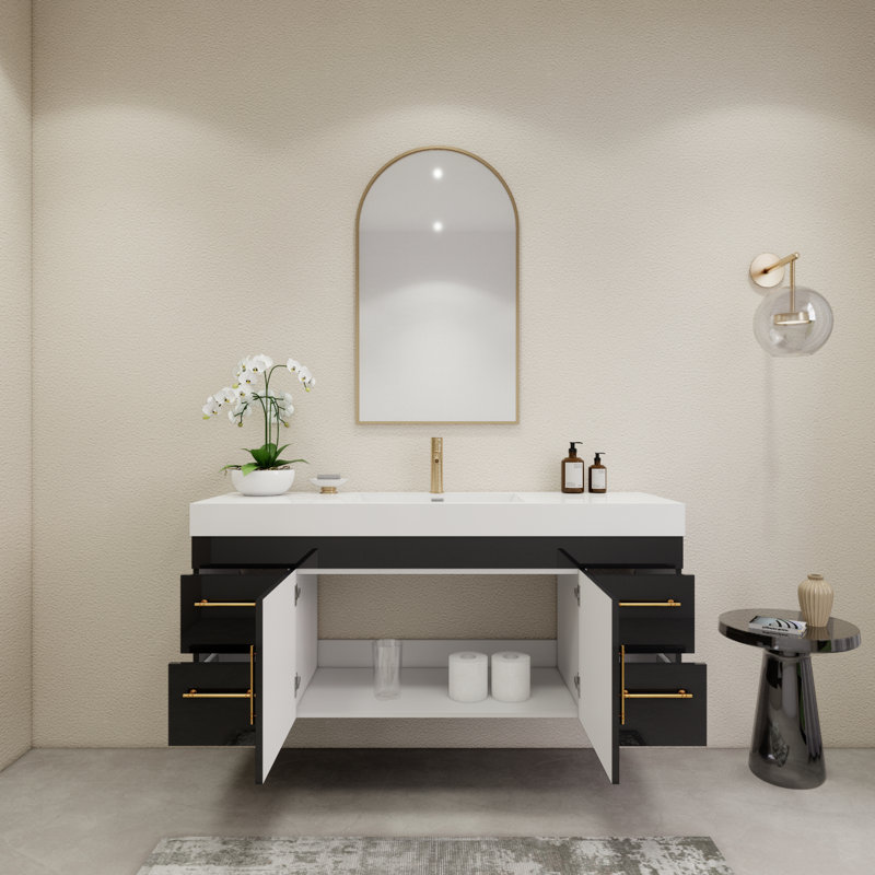 59" Wall-Mounted Single Bathroom Vanity Set, Glossy Black
