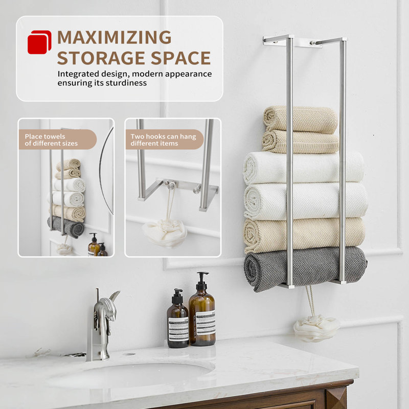 Wall Mounted Bathroom Organizer Bath Towel Holder For Rolled Towels Modern Small Space Bathroom Towel Storage, Brushed Nickel