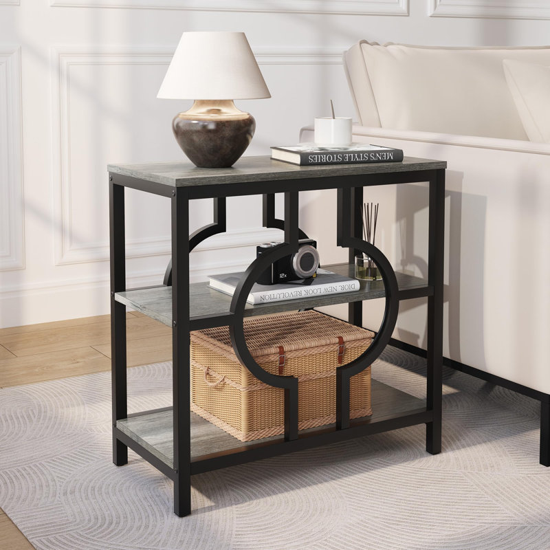Narrow Industrial Side Table With 3-Tier Storage Shelves For Living Room, Gray