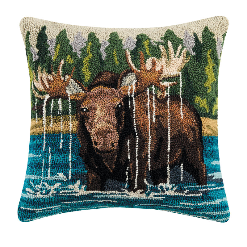 Rustic Square Hand Hooked Wool Moose Pillow