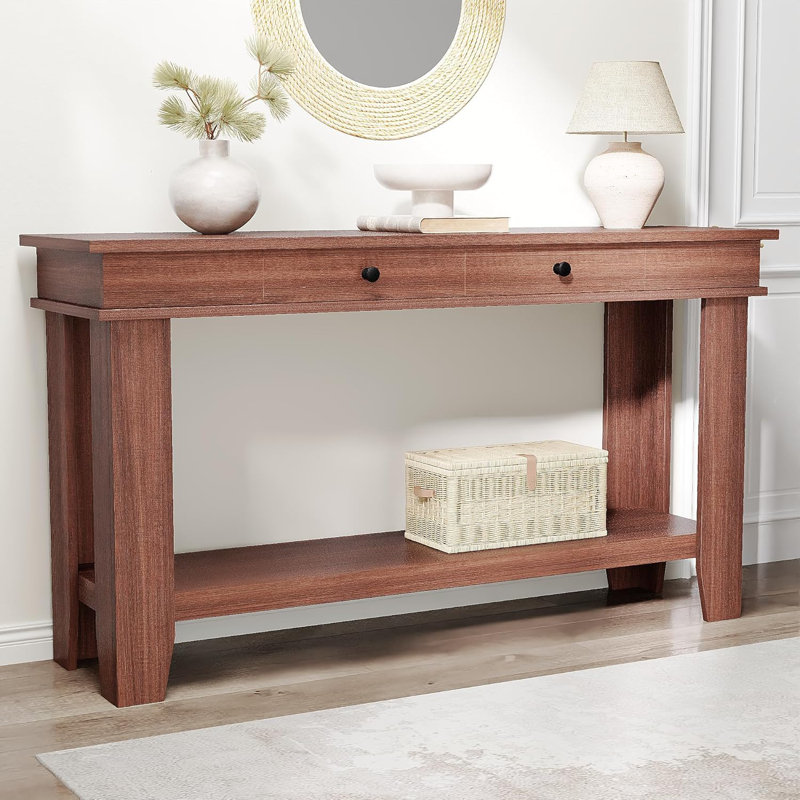 54 Inch Farmhouse Console Table with 2 Drawers & Open Storage Shelf – Rustic Brown Wooden Entryway Table for Living Room, Hallway, Foyer, or Behind Sofa