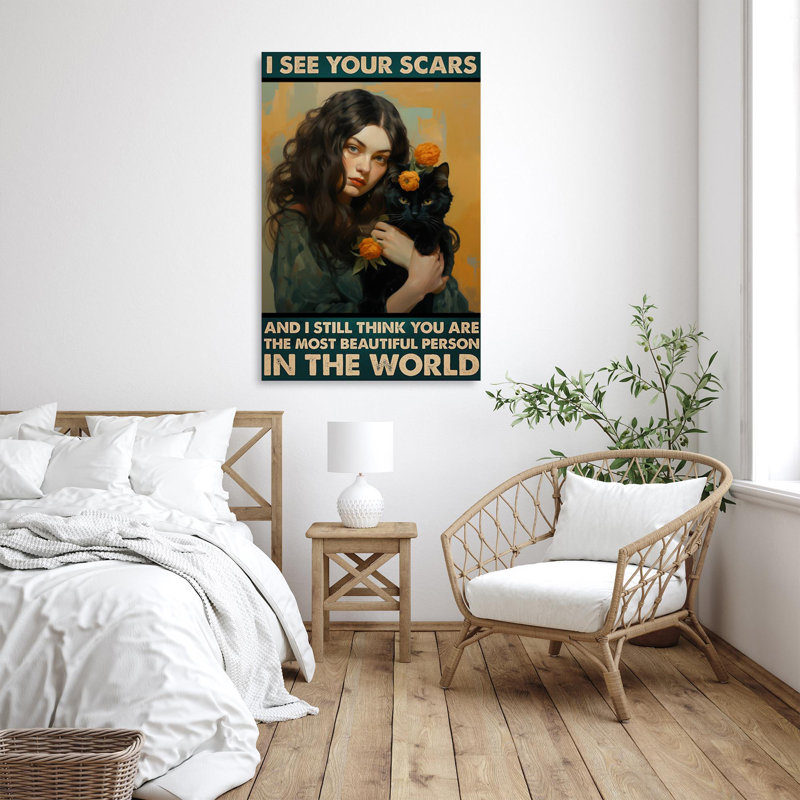 Jaslean Black Cat I See Your Scars - 1 pièce, reproduction d'art graphique sur toile tendue, H 36 po x l 24 po x P 1,25 po