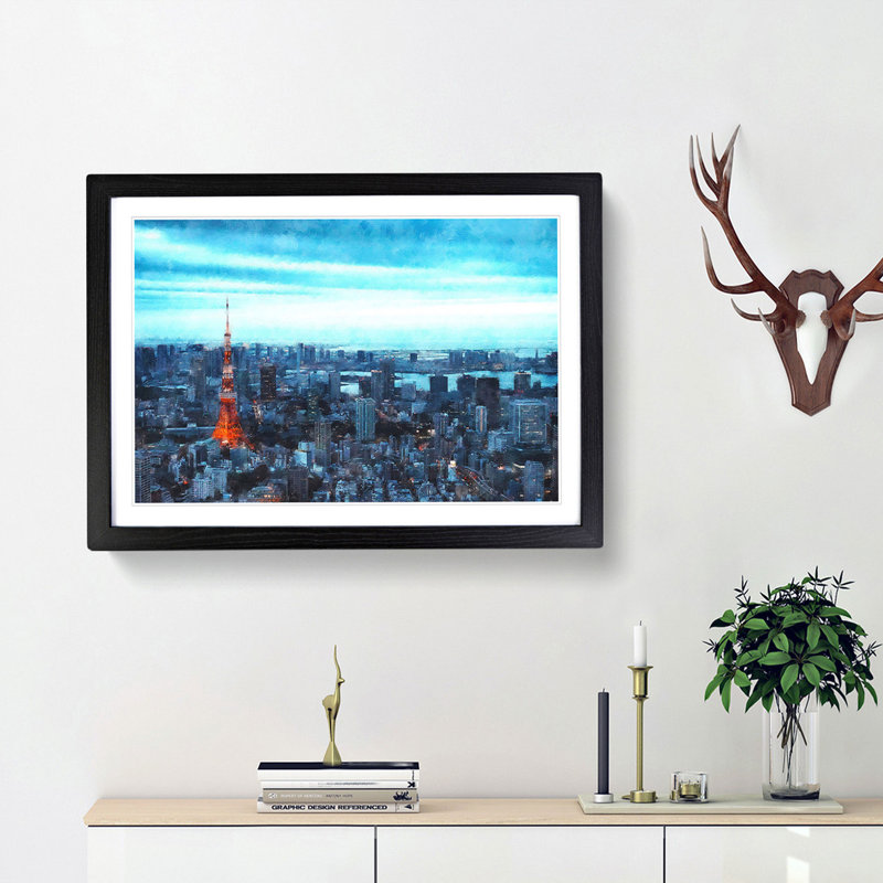 Tokyo Tower & Japan Skyline - Picture Frame Painting Print, 24cm H x 33cm W x 2cm D, Black Framed