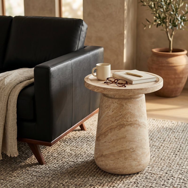  Table d'appoint Aruba Fiberstone - Table de bout ronde à plateau rond moderne pour l'intérieur et l'extérieur, table à caisson résistante aux intempéries d'une capacité de 265 lb, entièrement assemblée