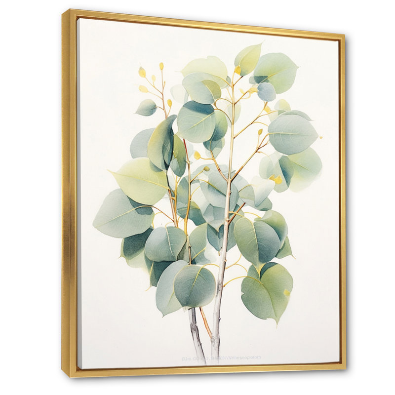 «Green Green Minimalisme Eucalyptus Essence V» sur toile, Cadre flottant doré, H 32 po x l 24 po x P 1,5 po