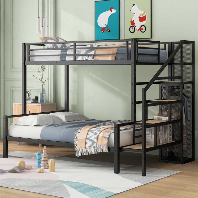 Twin over Full Size Metal Bunk Bed with Storage Staircase and Open Wardrobe,, Black