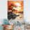 Orange, lune, silhouette, paysage I, art mural floral, salon