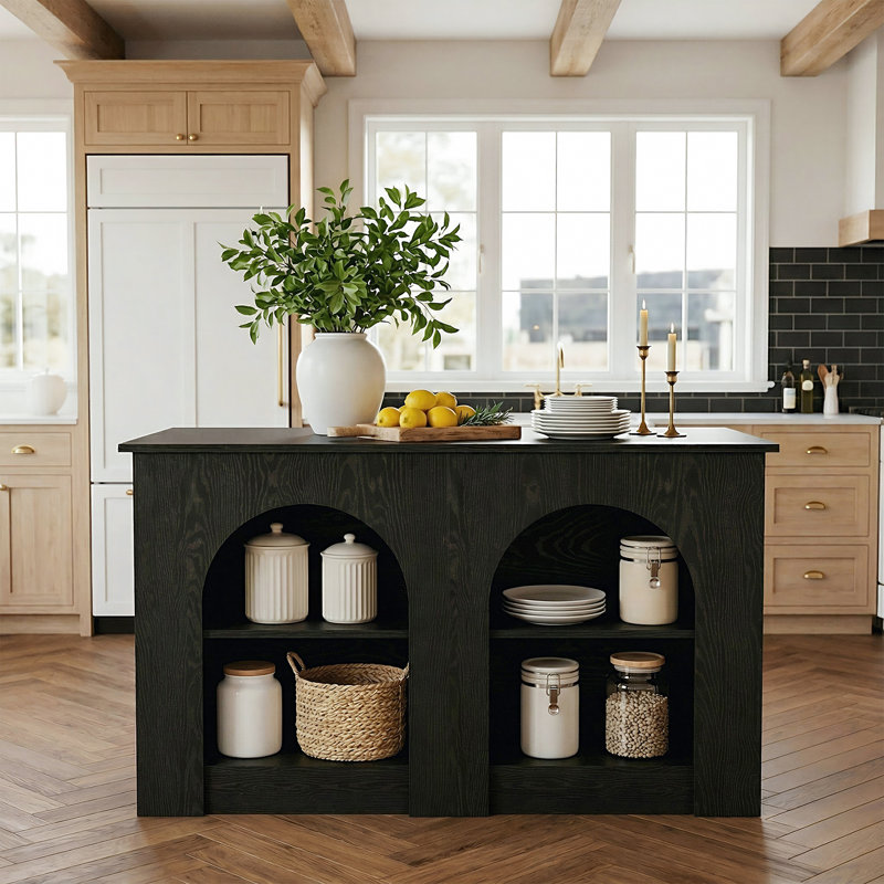 55.12" Kitchen Island with 2-Tier Storage Shelves for Kitchen