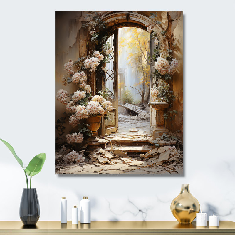 Ruines anciennes «Blooms I» - art mural fantastique en métal, H 32 po x l 24 po x P 1 po