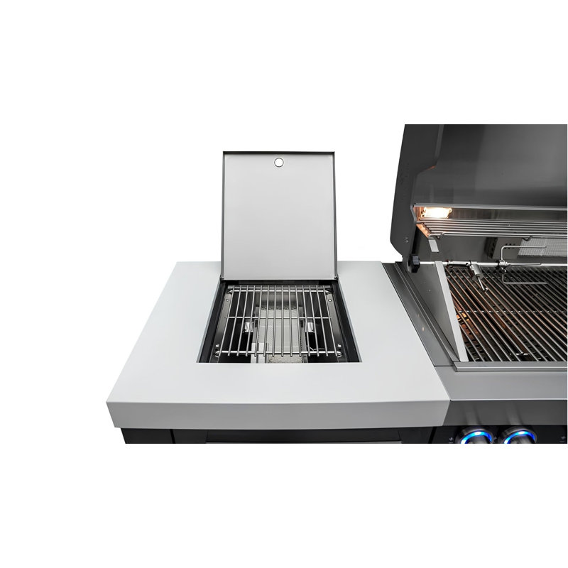 Mont Alpi Premium L-shaped Black Stainless Steel 94"w X 75"d X 46"h Modular Outdoor Kitchen Island With Refrigerator + 44"w 6-burner Bbq Grill + Side Burner + Granite Countertops + Storage Cabinets + Cover + Natural Gas Convertible + Lifetime Warranty