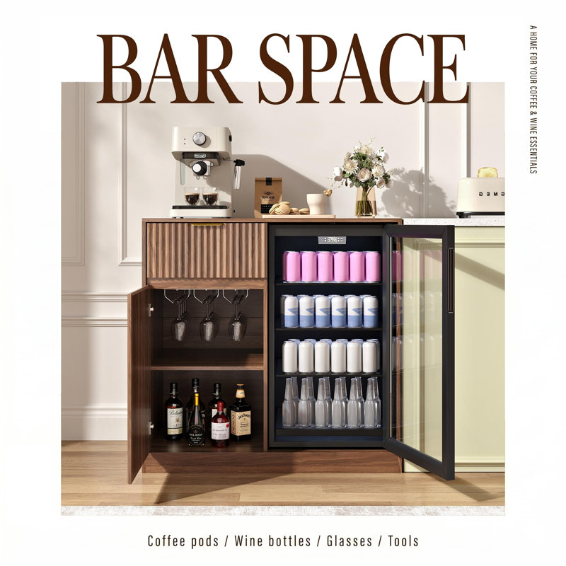 39.4" Fluted Coffee Bar Cabinet with Power Outlet, Mini Fridge Space & Wine Glass Rack, Walnut