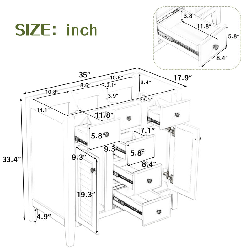 Gray 36" Freestanding Bathroom Vanity with Five Drawers