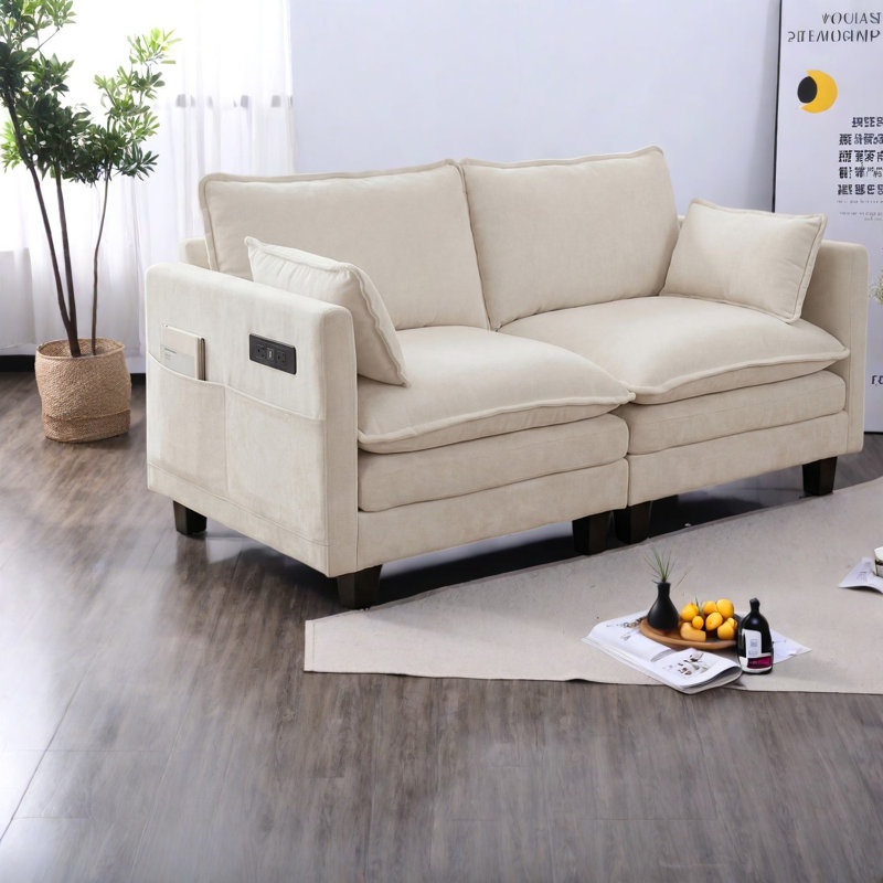 Canapé moderne en chenille beige, causeuse 2 places avec ports USB, appartement compact, Beige