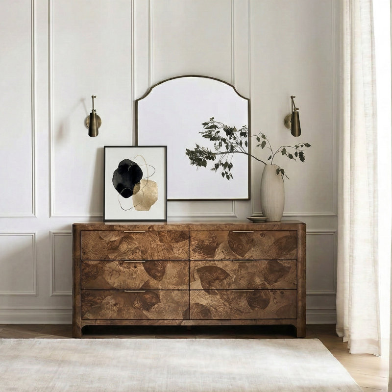 Commode moderne Amandine Heirloom à 6 tiroirs en loupe de bois avec plateau à bijoux amovible