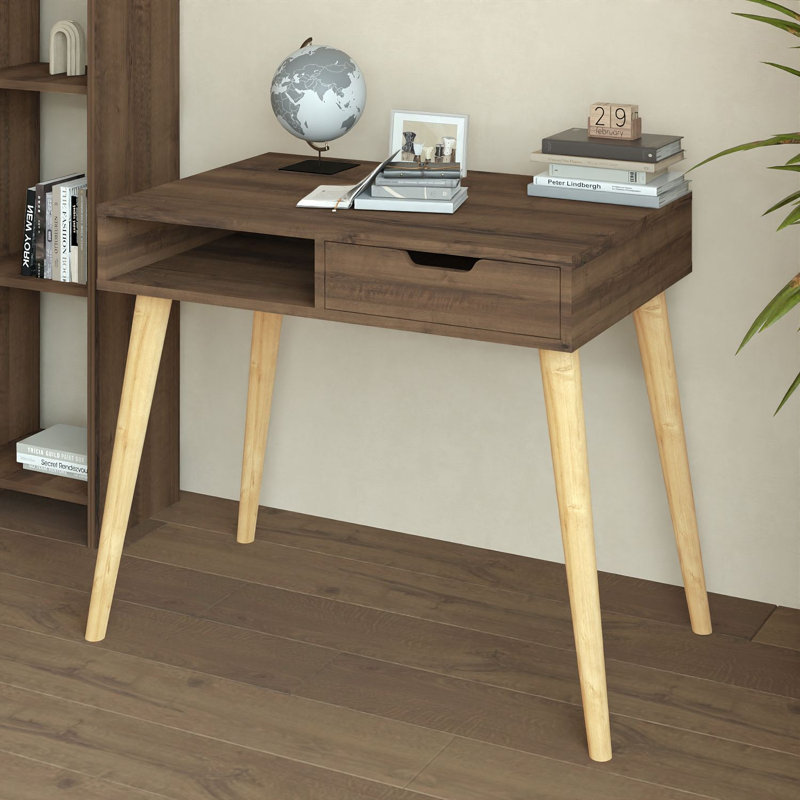 Modern Study Desk with Wall-Mount Option, Antique Walnut Finish, 35.4 x 31.5 x 23.6 inches | 100% Melamine Coated Particle Board, 0.7 inches Thick | Multiple Shelves for Organization, Stylish & Functional Design