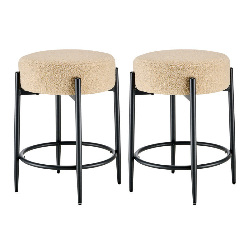 Modern Dining Chair Set, 23.6" Counter Height Stools with Round Soft Padded Boucle Backless Seat, Beige