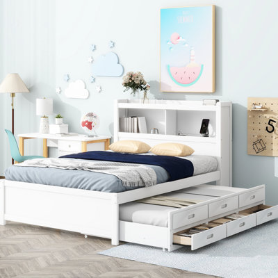 Full Size Bed With Trundle, Drawers, And Headboard Storage Ideas, White Trundle Charging, Charming Design
