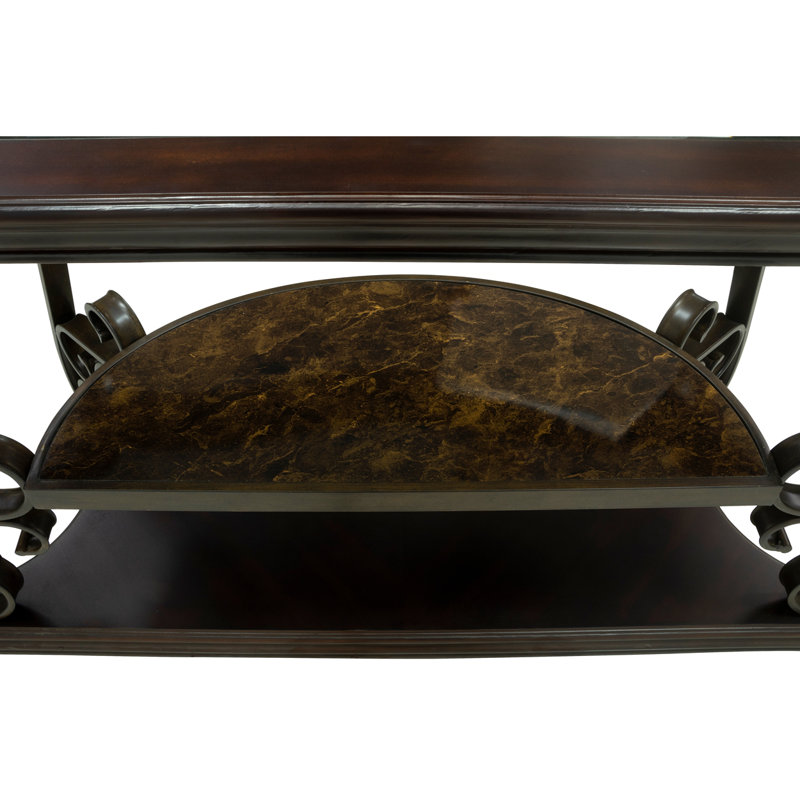 Table de canapé, plateau de table en verre, tablette centrale en panneau de fibres à densité moyenne et papier marbré, pieds en métal thermolaqués. (L 54 po x l 20 po x H 30 po)