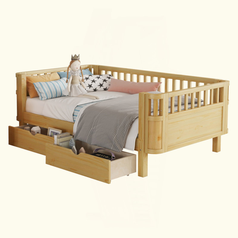 Lit plateforme en bois pour enfants, lit à profil bas en bois avec rails, Lit simple, Naturel