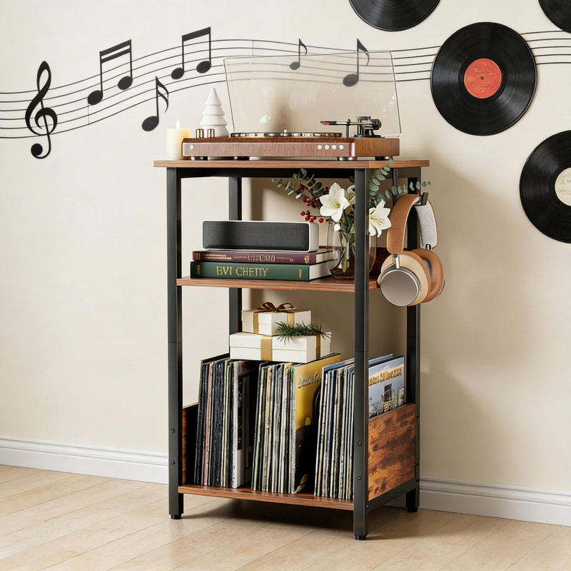 Record Player Stand & Vinyl Storage Cabinet, Wood Finish Media Console