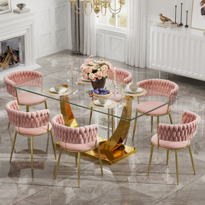 Ensemble de salle à manger à piédestal rectangulaire avec chaise de salle à manger en velours Modern Weaven