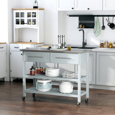 Îlot de cuisine avec plateau en acier inoxydable, îlot de cuisine traditionnel avec rangement, tablettes ouvertes à 2 niveaux