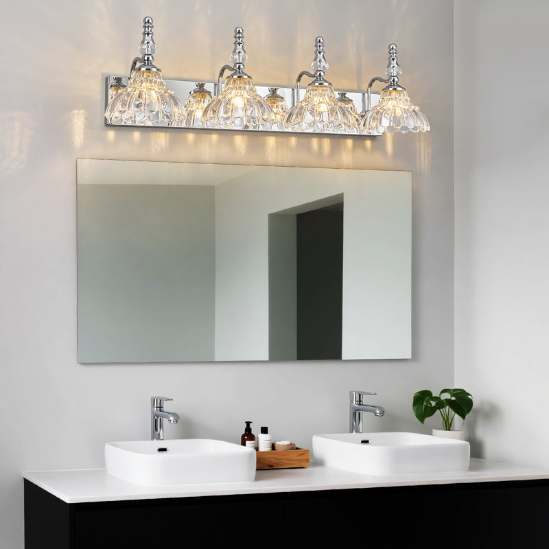 4-Light Vintage Chrome Vanity Light, Flower Glass Shade Bathroom Over Mirror Lighting Fixture, Chrome, 4 Lights