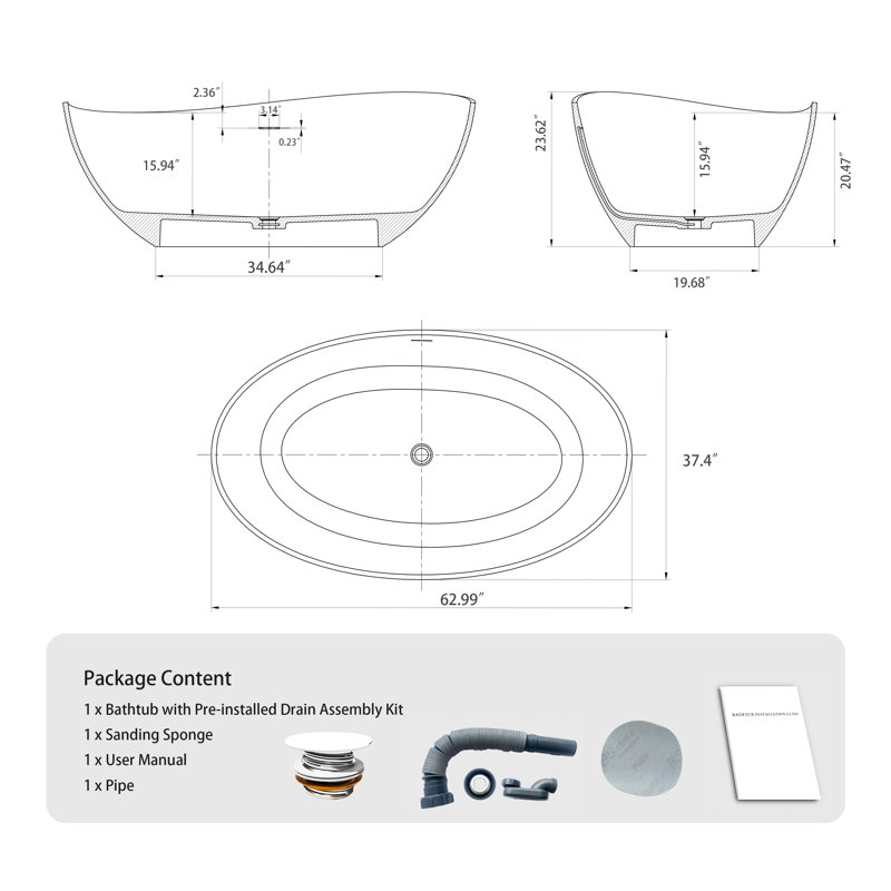 63'' Freestanding Bathtub Solid Surface Soaking Tub With Drain, Matte Black