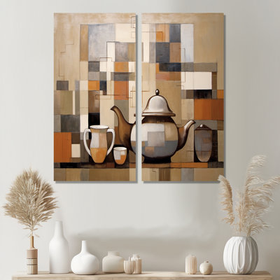 Cubism Culinary Pottery - Yellow Traditional Canvas Wall Art 2-Panels