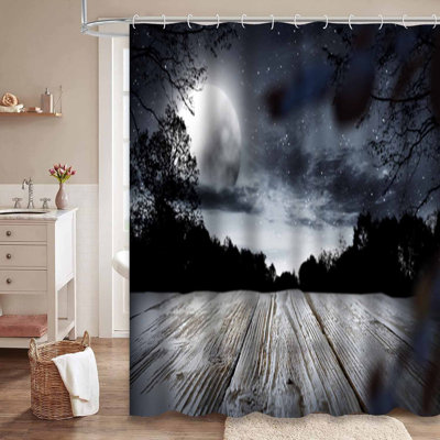 Wooden Dark Sky Moon Black Shower Curtain with 12 Hooks