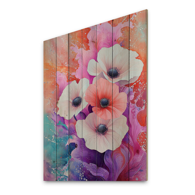 Purple Dancing Symphony Of Anemone I - Poppies Wooden Wall Art On Natural Pine Wood, 32" H x 24" W x 0.78" D