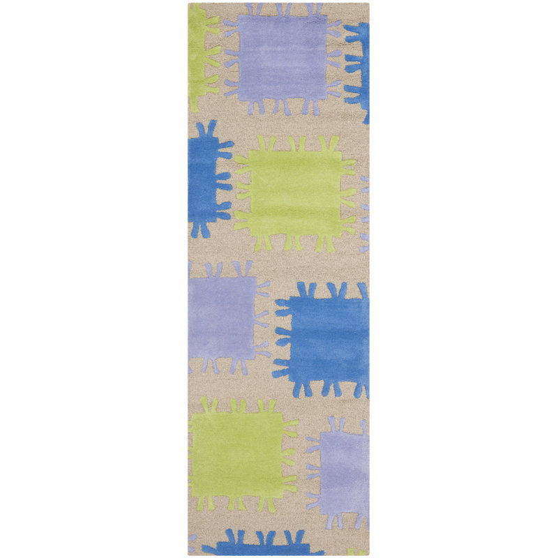 Tapis beige / bleu / vert en laine / coton touffeté à la main Kruetzen, Tapis de couloir 2 pi 3 po x 7 pi