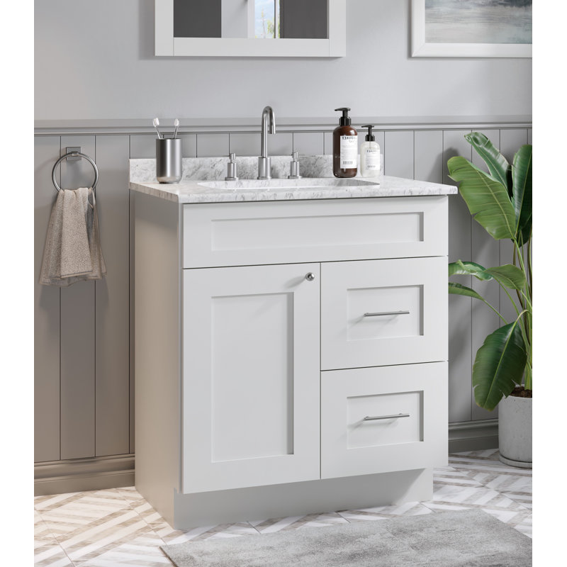 Chrisna D S R 30'' Single Bathroom Vanity Shaker Style Quartz Top Right Drawer, White