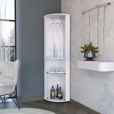 Armoire de bar d'angle blanche à 3 niveaux avec support en verre