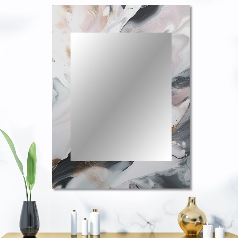 White And Grey Ripples Of Stone II - Marble Mirror, White Decorative Wall Mirror, Printed Metal Art, 40" x 30"