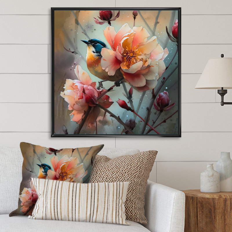 «Blue Little Bird On Rose Tree Banch II», reproduction d'art sur toile, H 30 po x l 30 po x P 1 po