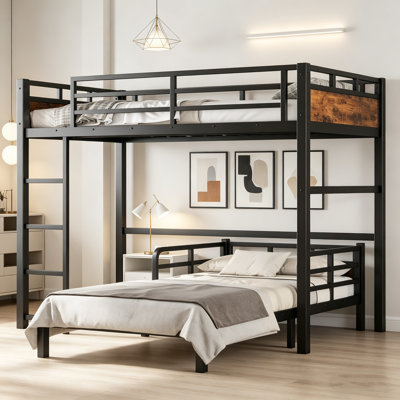 Lit mezzanine en métal, cadre de lit superposé avec garde-corps de sécurité, acier robuste robuste, lit superposé, lit à lattes, chambre pour enfants, adolescents et adultes