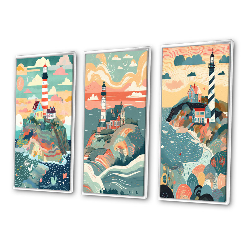 «Coastal Guiding Light», 3 pièces sur toile, H 28 po x l 36 po, Cadre flottant blanc