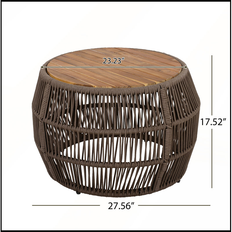 Table d'appoint ronde en bois d'acacia avec structure en corde et plateau fini en teck, supportant jusqu'à 68 kg, résistante aux intempéries.