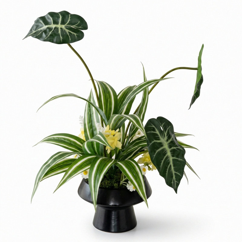 Artificial Flower Arrangement with Yellow Blooms in Black Pedestal Pot
