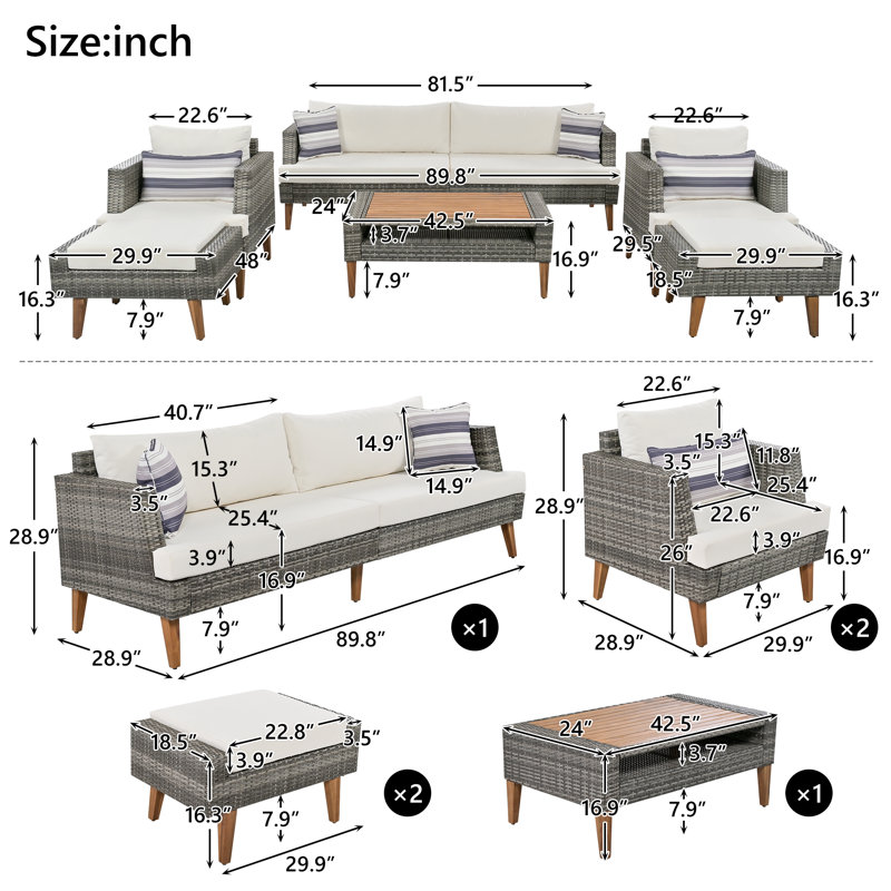 Ensemble de canapé en osier toutes saisons 6 pièces, canapé d'extérieur en rotin avec coussins, pieds et table en bois, beige