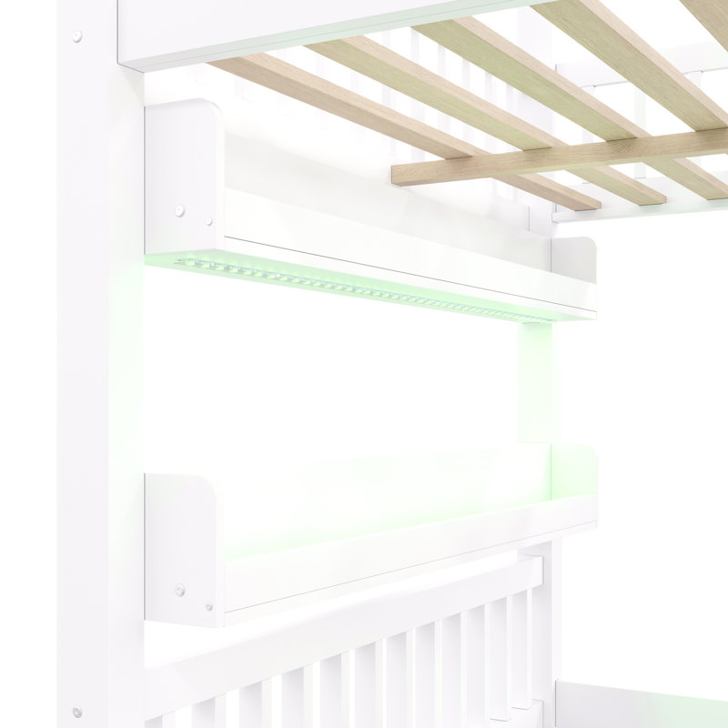 Lit double en bois avec tablette DEL intégrée, Blanc