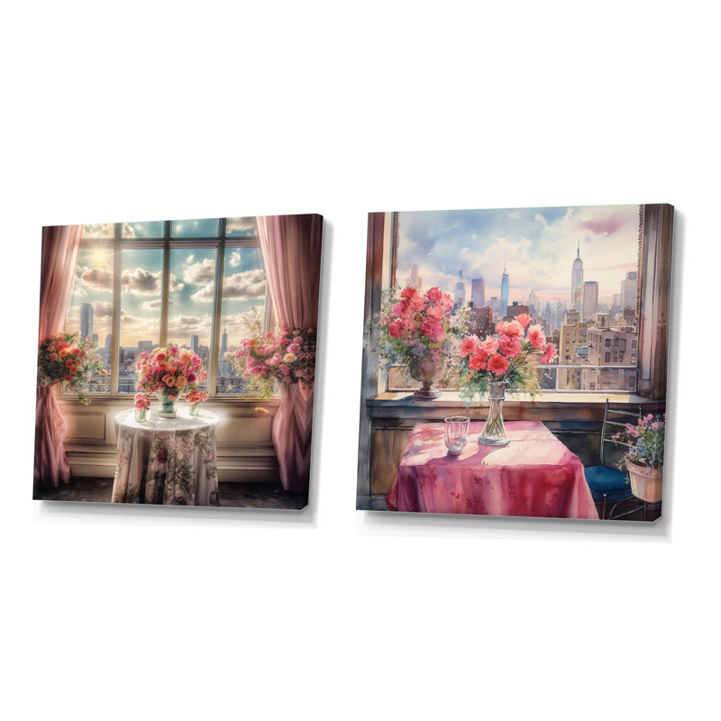 Beautiful Table View Of New York - Assortiment de bouquets carrés assortis, ensemble de 2, Toile tendue, H 30 po x l 61 po