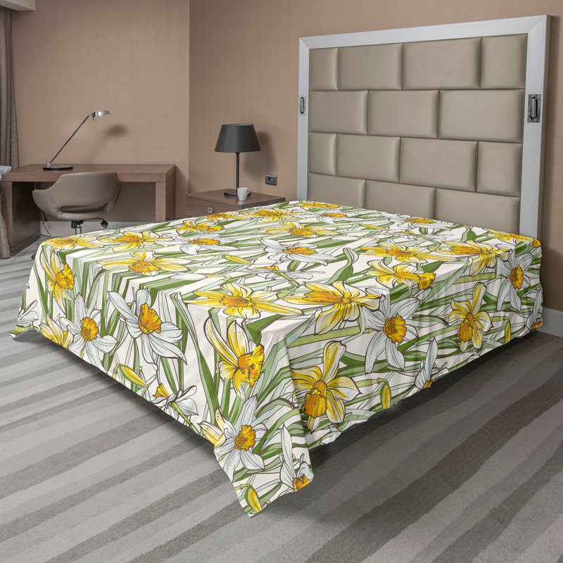 Ambesonne Flowers Flat Sheet Nostalgia Farmhouse, Mustard Green Soft Blue
